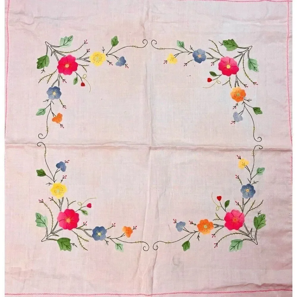 Vintage Handmade Pink Square Embroidered Floral Tablecloth 42 x 41 Appliqué Cute